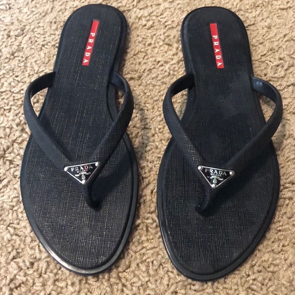 Authentic Prada Saffiano Black Thong Sandals